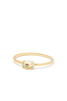 Tiny Carved Stone Evil Eye Ring, 14k Yellow Gold with Diamond & Opal